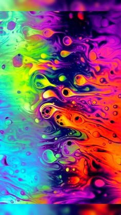 an abstract painting with colorful colors and water drops on the surface, as well as bubbles