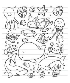 an ocean scene coloring book page with sea animals and other marine creatures on lined paper