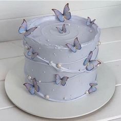 a white cake with blue butterflies on it sitting on top of a plate next to a wall