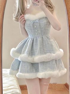 Size: S, Color: Blue Fluffy Princess Dress, Puffy Dresses, Dress Coat, Mein Style, Patchwork Dress, Winter Aesthetic, Outfits Winter, Short Coat, Kawaii Clothes