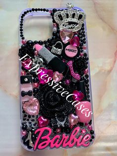 a cell phone case with pink and black accessories on it that says, the best dressed babe