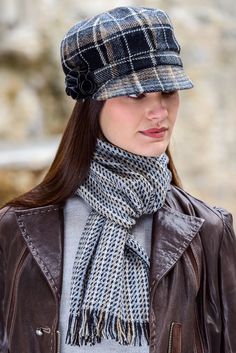 Ladies Tweed Newsboy Hat - Grey & Black Plaid - Made in Ireland Retro Beanie Hat For Fall, Retro Visor Hat For Fall, Black Tweed Cap, Retro Black Hat For Fall, Retro Visor Hats For Winter, Retro Winter Visor Hat, Baker Boy Hat Outfit, Tartan Blanket Scarf, Lady Ann