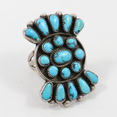 1940s Zuni Sterling Silver Ring set with a Cluster of Natural American Turquoise. Ring Size: 101.125” Setting Width, 1.625” Setting Height.125” Band Width Zuni Jewelry, Sterling Silver Rings Set, Silver Ring Set, Navajo Jewelry, American Turquoise, Native Jewelry, Old Jewelry, Cluster Ring, Ring Set