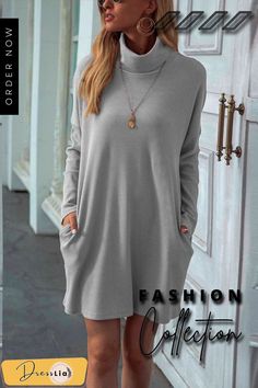 Solid Color Round Neck Dress(4 Colors) Solid Mini Dress With Pockets For Fall, Casual Plain Dresses For Winter, Casual Plain Winter Dress, Casual Solid Color Mini Dress For Winter, Casual Winter Mini Dress Solid Color, Casual Gray Long Sleeve Dress, Casual Gray Sweater Dress For Spring, Gray Solid Color Mini Length Dresses, Gray Knee-length Solid Color Dress