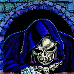 an image of a skeleton holding a knife in front of a stained glass window with blue and purple colors