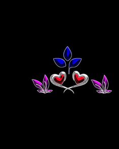 two hearts are surrounded by flowers and leaves on a black background with the word love written below them