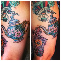 two pictures of tattoos on the legs of people with teapots and flowers in them