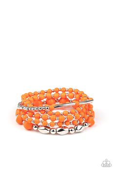 Infused with dainty silver beads, a mismatched collection of refreshing orange and shiny silver beads are threaded along stretchy bands around the wrist for a colorfully layered look.

 Sold as one set of five bracelets. Orange Bracelet, Rose Gold Beads, Silver Frames, Paparazzi Accessories, Vintage Orange, Blue Gems, Paparazzi Jewelry, Vintage Bracelets, Silver Accents