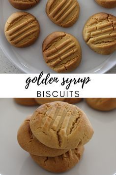 golden syrup biscuits on a white plate with the words golden syrup biscuits above them