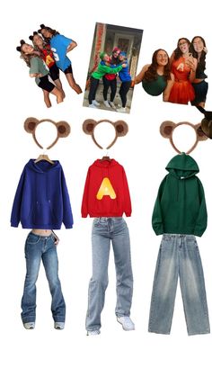 four different outfits are shown in the shape of heart shaped ears and two children's hoodies