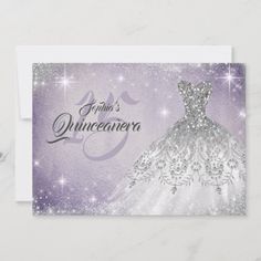 a purple and silver quinceaueria card with the word quinceauera on it