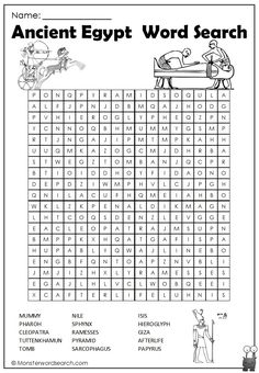 an ancient egypt word search is shown in this printable worksheet for kids