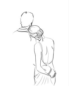 a black and white drawing of a woman with her hand on her hip looking down