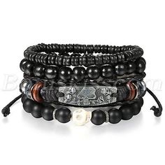 4pcs-Mens-Womens-Handmade-Punk-Leather-Skull-Rose-Buddha-Beads-Bracelet-Cuff-Set $9 Casual Adjustable Skull Beaded Bracelets, Handmade Casual Skull Bracelets, Handmade Casual Skull Bracelet, Casual Handmade Skull Bracelets, Casual Black Beaded Bracelets, Casual Black Leather Bracelet For Festivals, Black Skull Bracelets For Festival, Adjustable Punk Beaded Bracelets As Gift, Adjustable Black Punk Beaded Bracelets