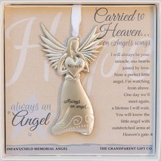 A truly special memorial gift for miscarriage or loss of a baby/infant. It is a remembrance gift of comfort for grieving families.

4 x 2.25 Angel comes gift-boxed with loving words by Teri Harrison. The angel ornament hangs on a white satin ribbon for year-round display, or store in a gift box for safekeeping. Angel holds a heart that reads Miracle and is packaged with sentiment in a white box with a clear lid.

5.5x5.5 Infant Loss Memorial, Grandchildren Gifts, Godson Gifts, Angel Gifts, First Communion Gifts, Godmother Gifts, Communion Gifts, Remembrance Gifts, Confirmation Gifts