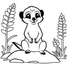 a cartoon meerkat sitting on top of a rock in the middle of plants