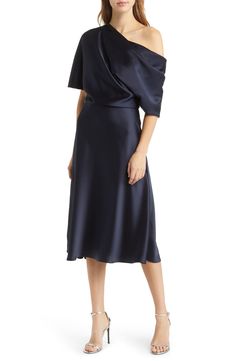 A graceful drape defines the chic silhouette of this toastworthy cocktail dress cut to a beloved midi length. 46 1/2" length (size 8) One-shoulder neck Elbow-length sleeves Lined 100% polyester Dry clean Imported Black Owned/Founded Amsale Dress, Cocktail Midi Dress, Conservative Outfits, Long Sleeve Cocktail Dress, Cocktail Dress Wedding, Mother Of The Bride Outfit, Navy Midi Dress, Midi Cocktail Dress, Bride Clothes