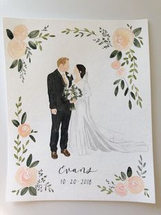 a wedding card with an image of a bride and groom holding each other's hands