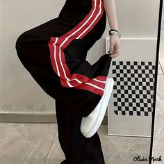 Olivia Mark - Drawstring Side Contrast Pants, Y2K Casual Wide Leg Pants, Women's Clothing Contrast Pants, Y2k Sweatpants, Striped Wide Leg Trousers, Sukienki Plus Size, Baggy Sweatpants, Y2k Casual, Pants Y2k, Striped Wide Leg Pants, Vintage Preppy