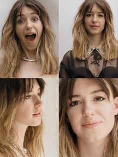 four different pictures of a woman making funny faces