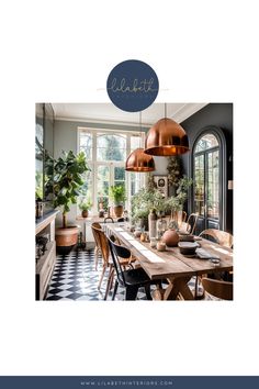 a dining room table with chairs and potted plants