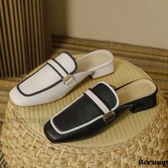 Bormay - Stylish and Casual Color Block Chunky Heel Slides with Soft Leather and Cushioned Soles White High Heel Shoes, White High Heels, Leather Slide Sandals, Shoe Sole, Leather Slippers, Comfortable Flats, Leather Slides, Thick Heels, Mary Jane Shoes