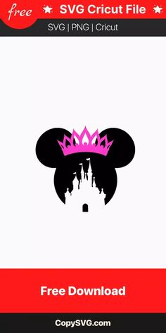 the disney mouse ears logo is shown in pink and black with a purple crown on top