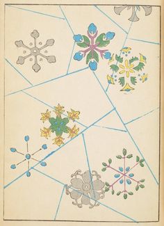 an old book with snowflakes and flowers on the cover, in blue lines