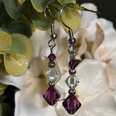 Purple And Clear Crystal Handmade Earrings Long Dangle With Fishhook Back Set #23 Purple Earring, Jewelry Purple, Purple Earrings, Earrings Long, Earrings Color, Diy Earrings, Fish Hook, Smoky Quartz, Long Earrings