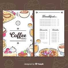 a coffee menu with different types of desserts and pastries on the front cover