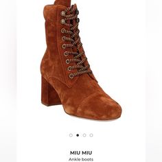 Miu Miu Classic Hi-Heel Laced Up Brown Suede Boots New 35 1/2 Elegant Lace-up Boots With Block Heel For Fall, Elegant Fall Lace-up Boots With Block Heel, Miu Miu Leather Boots For Fall, Miu Miu Leather Boots With Round Toe, Miu Miu Leather Boots Round Toe, Designer Heeled Boots With Almond Toe For Fall, Designer Almond Toe Boots For Fall, Elegant Square Toe Lace-up Boots For Formal Occasions, Elegant Calf Leather Lace-up Boots With Almond Toe