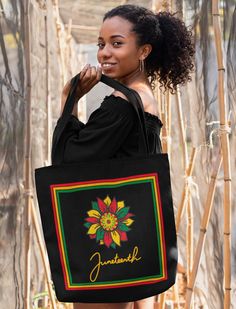 Juneteenth flower tote bag available in small, medium, and large. A great tote to add to your collection or gift to a friend in celebration of Juneteenth. Tote can be used to carry items for school, travel, college, shopping, and work! This practical, high-quality Tote Bag is available in three sizes. All over print provides comfort with style at the beach or out in town. Made from reliable materials, lasting for seasons. .: 100% Polyester .: Boxed corners .: Black inner stitching, transparent t Casual Black Canvas Bag As Gift, Rectangular Black Canvas Gift Bag, Black Gift Bag, Ashley Thompson, African Colors, Flower Tote Bag, Flower Tote, African Flowers, Great Father