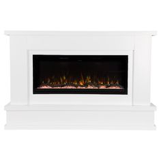 an electric fireplace with bright flames on the side and no flame in the front, against a white background