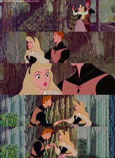 some disney princesses in the woods with their faces close together and looking at each other