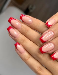 Red Tip Nails, Red French Tip, Red Tips, Emerald Nails, Short French, Red Acrylic Nails, Red French, French Tip Acrylic Nails, Casual Nails