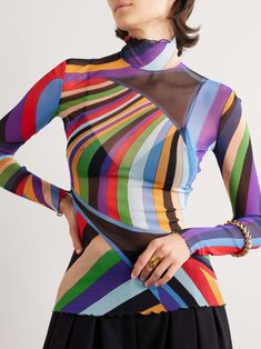 PUCCI Iride printed stretch-tulle turtleneck top Sheer Multicolor Mesh Top, Multicolor Sheer Mesh Top, Fitted Multicolor Sheer Mesh Top, Fitted Sheer Multicolor Mesh Top, Multicolor Sheer Top For Party, Multicolor Sheer Tops For Party, Multicolor Sheer Party Tops, Vibrant Multicolor Party Tops, Tulle Turtleneck