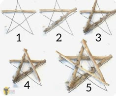 four different types of star of david made from sticks and branches with numbers on them