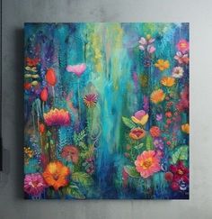 an abstract painting on the wall with flowers and plants painted on it's sides