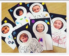 some paper plates with pictures of children in them on top of a wooden table,