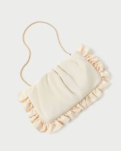 Clutch in vanilla moiré with ruffle detailing. Features a removable twisted gold chain strap, frame closure, and interior card slot. Elegant Spring Evening Bag With Detachable Strap, Elegant Gold Clutch For Spring, Chic Evening Bag With Chain For Events, Elegant Beige Evening Bag For Spring, Gold Clutch For Formal Spring Occasions, Spring Formal Gold Clutch, Cream Evening Clutch With Detachable Strap, Elegant Cream Clutch With Detachable Strap, Chic Cream Evening Bag