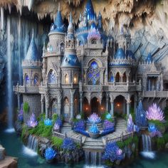 an artistic rendering of a castle in the middle of a lake with waterfall and flowers