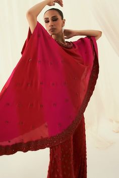 Rani and red one side cape with hem work of sequins and cutdana. Paired with red embroidered sharara. - Aza Fashions Festive Red Sets With Cape Sleeves, Red Sequined Sets For Eid, Red Sequin Sets For Eid, Red Cape Sleeve Sets For Wedding, Side Cape, Embroidered Sharara, Women Kurta, Pink Sequin, Rococo