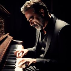 a man is playing the piano while wearing a black suit and dark shirt with his eyes closed