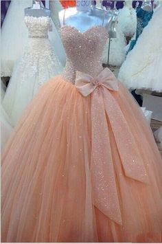 Give yourself the best gift for your adult ceremony - peach tulle ball gown quinceanera dresses real image spaghetti corset cheap sweet 16 dress with bow custom made size prom pageant gowns in ilovewedding. And dama dresses,dresses for cheap and online dress are offered cheaply in price. Formal Dress Pictures, Pink Ball Gown, Sparkly Party, Modest Prom, Dress Modest, 파티 드레스, Long Prom Gowns, Pink Prom