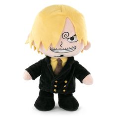 the doll is wearing a black suit with yellow hair and an evil look on his face