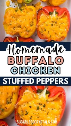 homemade buffalo chicken stuffed peppers in a white casserole dish with text overlay