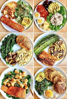 four plates with different types of food on them, all arranged in the same circle