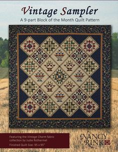 the vintage sample quilt pattern is shown in front of a field with grass and trees