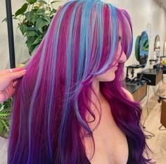 Three Color Hair, Mermaid Hair Color Ideas, Mermaid Hair Colors, Rainbow Highlights, Mermaid Hair Color, High Fashion Hair, Dreamy Ocean, Ocean Hues, Magical Mermaid