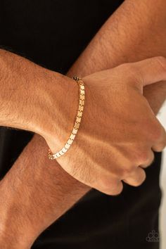 A thick strand of glistening gold box chain links around the wrist for a bold look. Features an adjustable clasp closure. Mens Bracelet Gold Jewelry, Man Gold Bracelet Design, Paparazzi Accessories Jewelry, Mens Gold Bracelets, Gold Box, Chain Links, Sell Gold, Paparazzi Accessories, Bridal Gold Jewellery